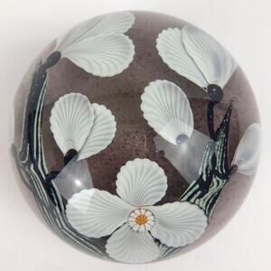 Orient & Flume White Flower on Branches Lampwork 1981 Paperweight Signed Sillars